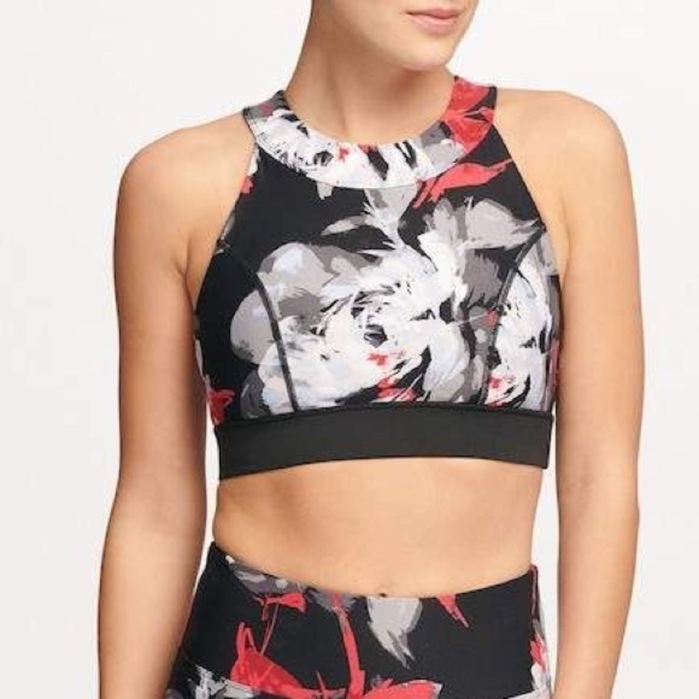 Donna Karan Active Black & Floral Print Netted Back Sports Bra